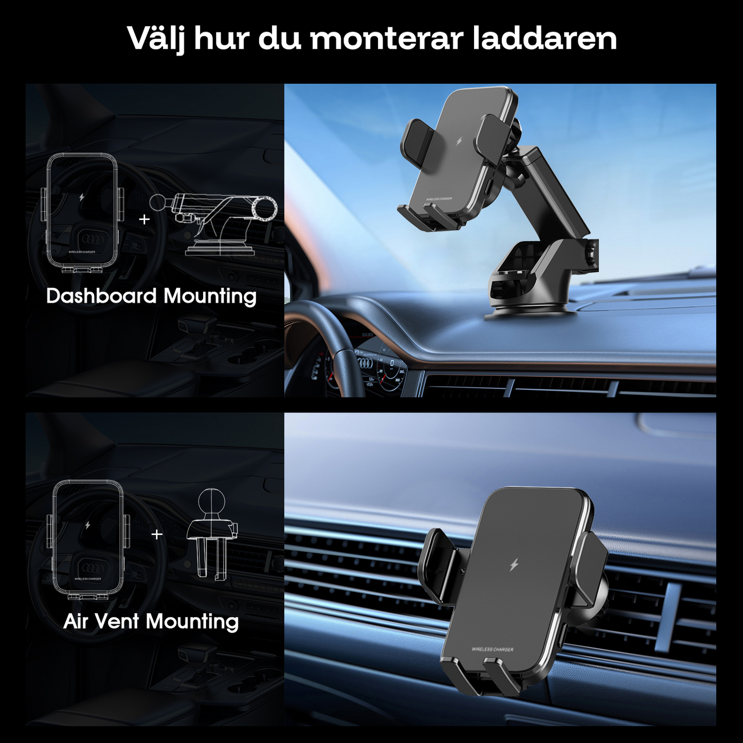 Telefonhållare för bilen med trådlös laddning 15W