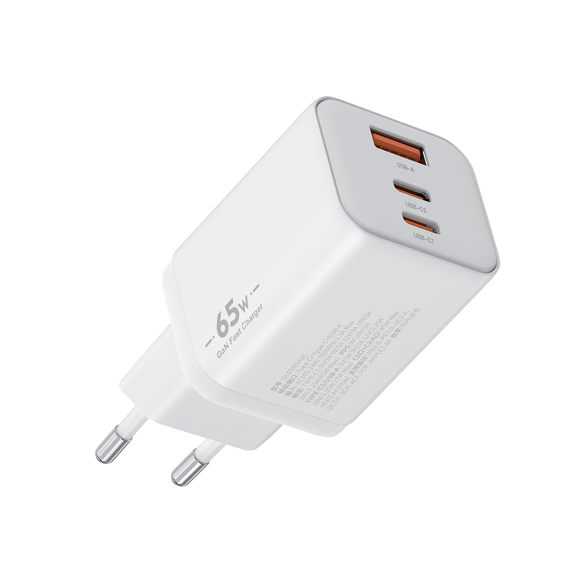 GaN Laddare 65W med två USB-C & USB-A